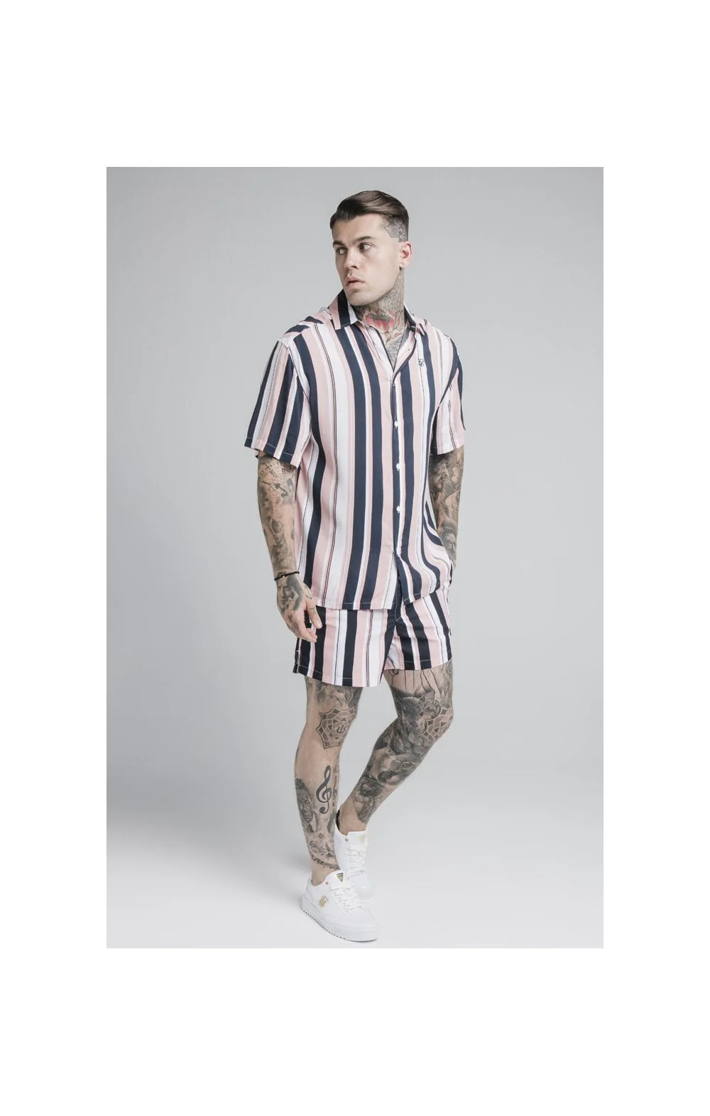 SikSilk Loose Fit Resort Shirt – Navy,Pink & White - Image 4