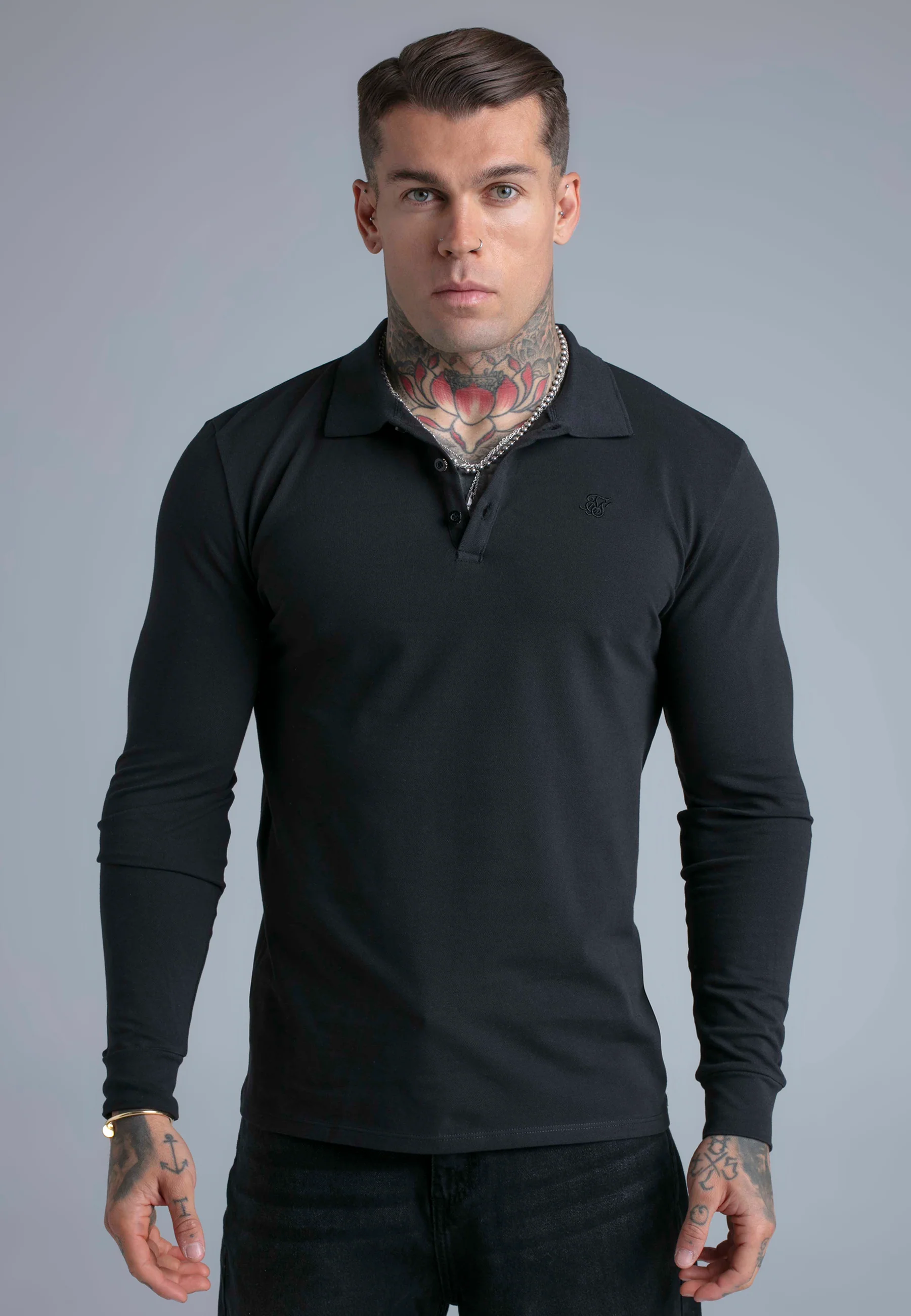 Black LS Button Polo