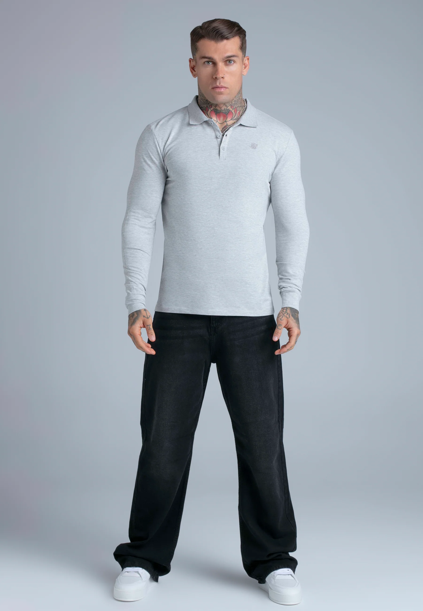 Grey Marl LS Button Polo - Image 3