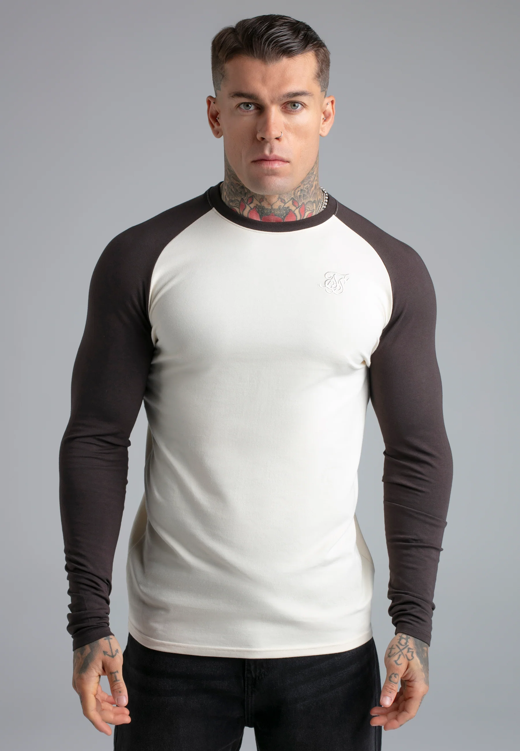 Ecru and Brown LS Muscle Fit T-Shirt