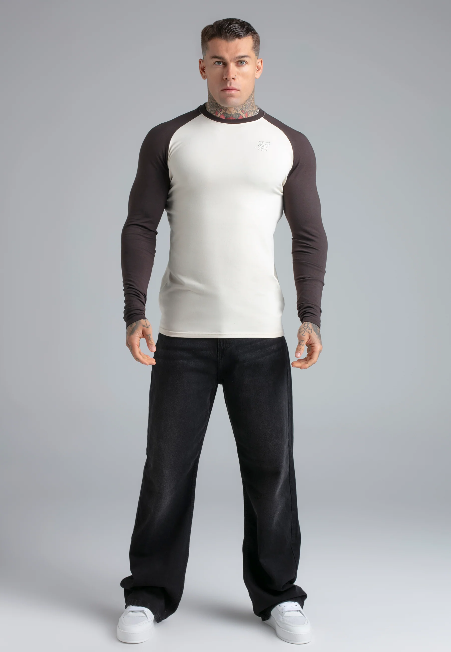 Ecru and Brown LS Muscle Fit T-Shirt - Image 3