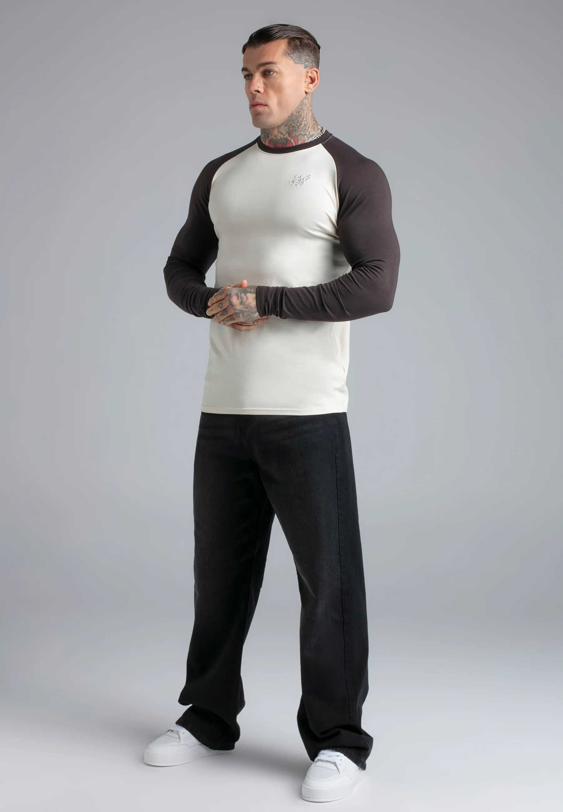 Ecru and Brown LS Muscle Fit T-Shirt - Image 4