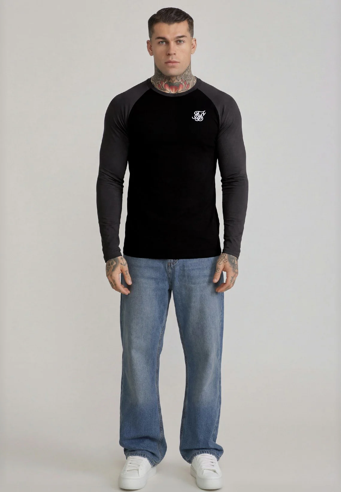Black and Grey LS Muscle Fit T-Shirt - Image 3