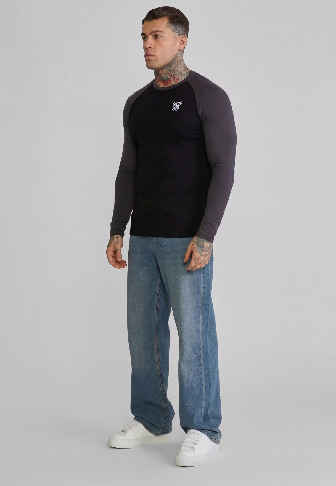 Black and Grey LS Muscle Fit T-Shirt - Image 4