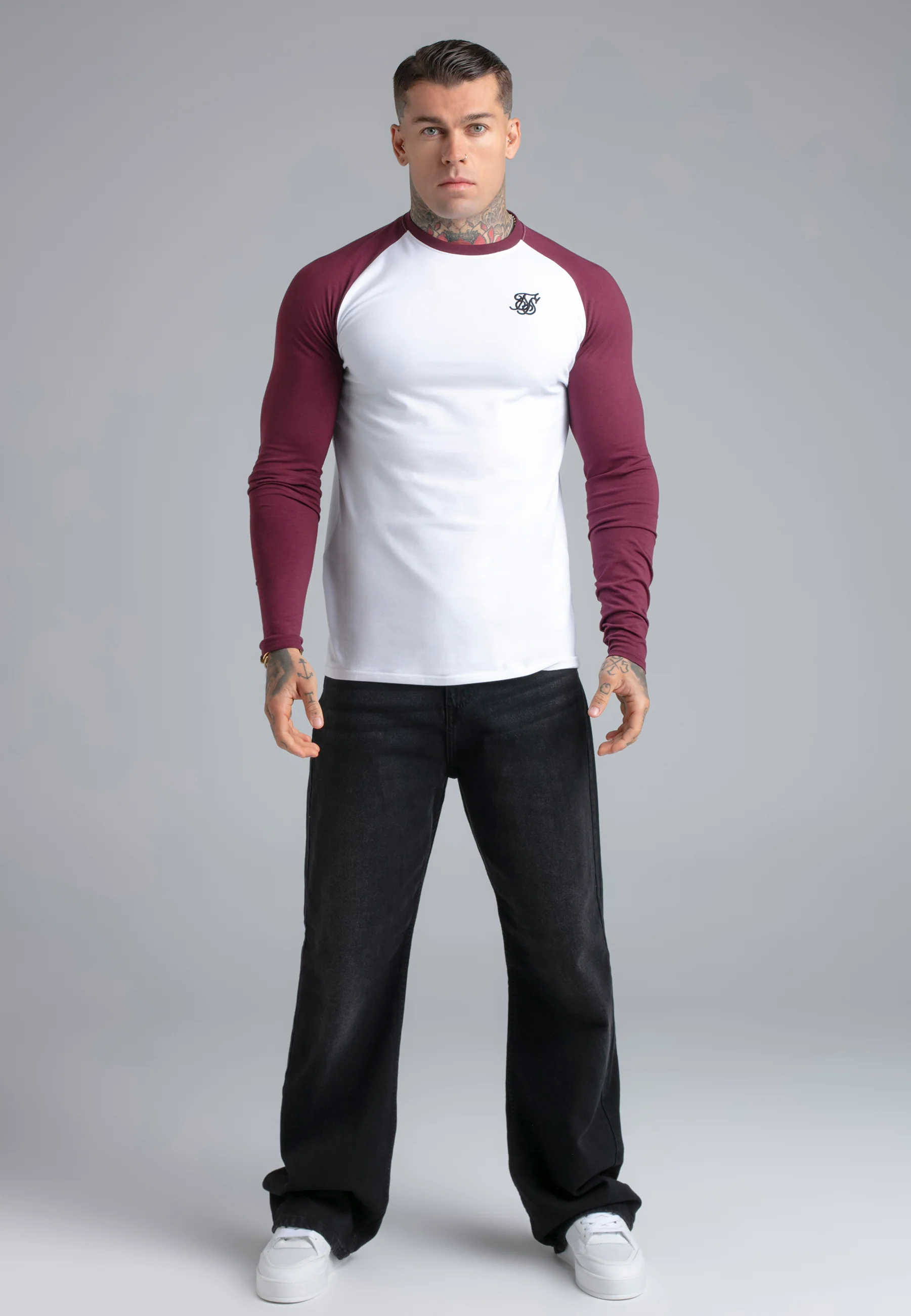 White and Burgundy LS Muscle Fit T-Shirt - Image 3