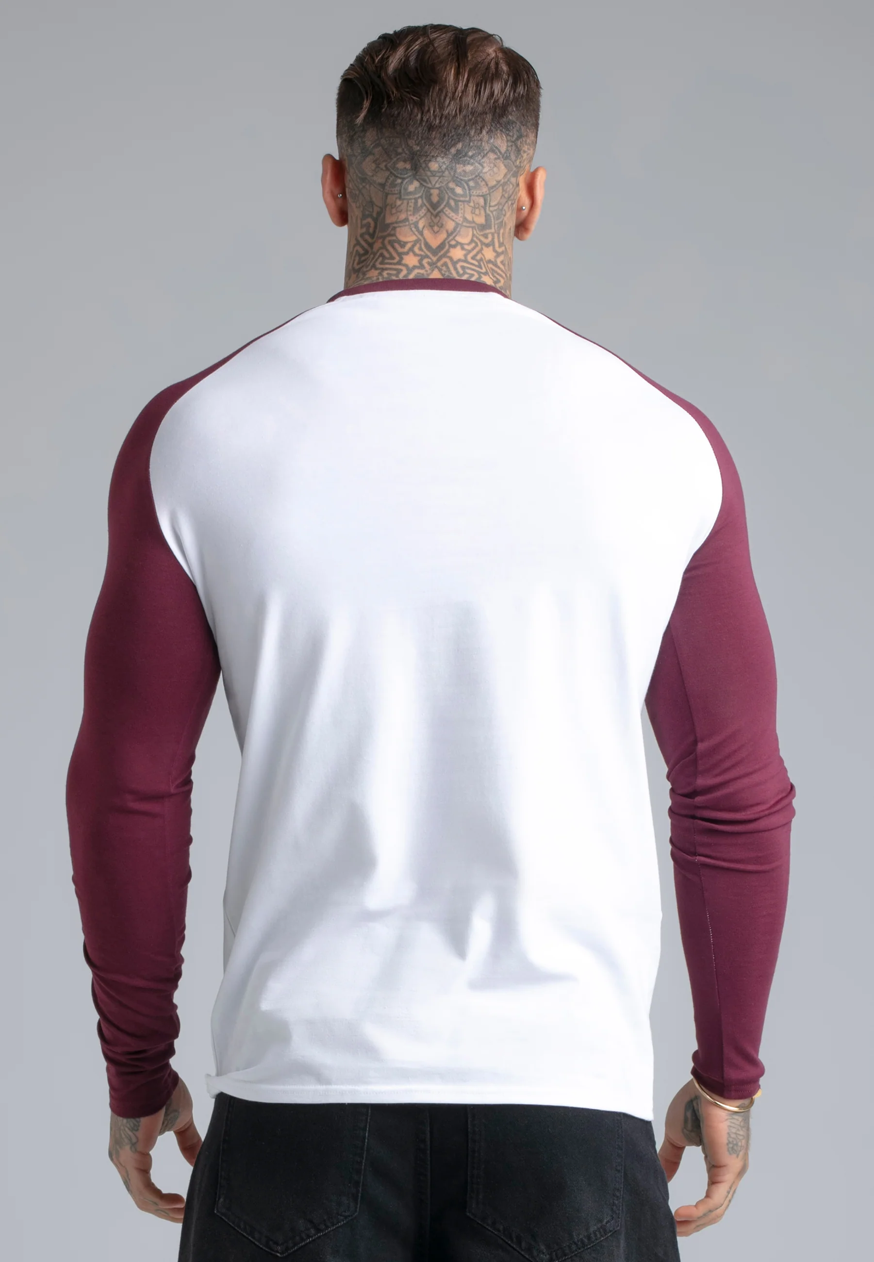 White and Burgundy LS Muscle Fit T-Shirt - Image 5