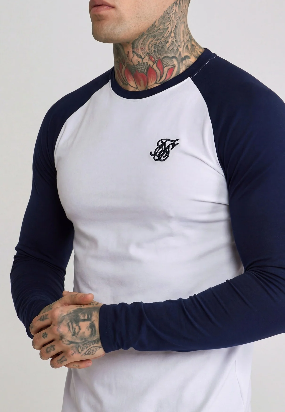 White and Navy LS Muscle Fit T-Shirt - Image 2