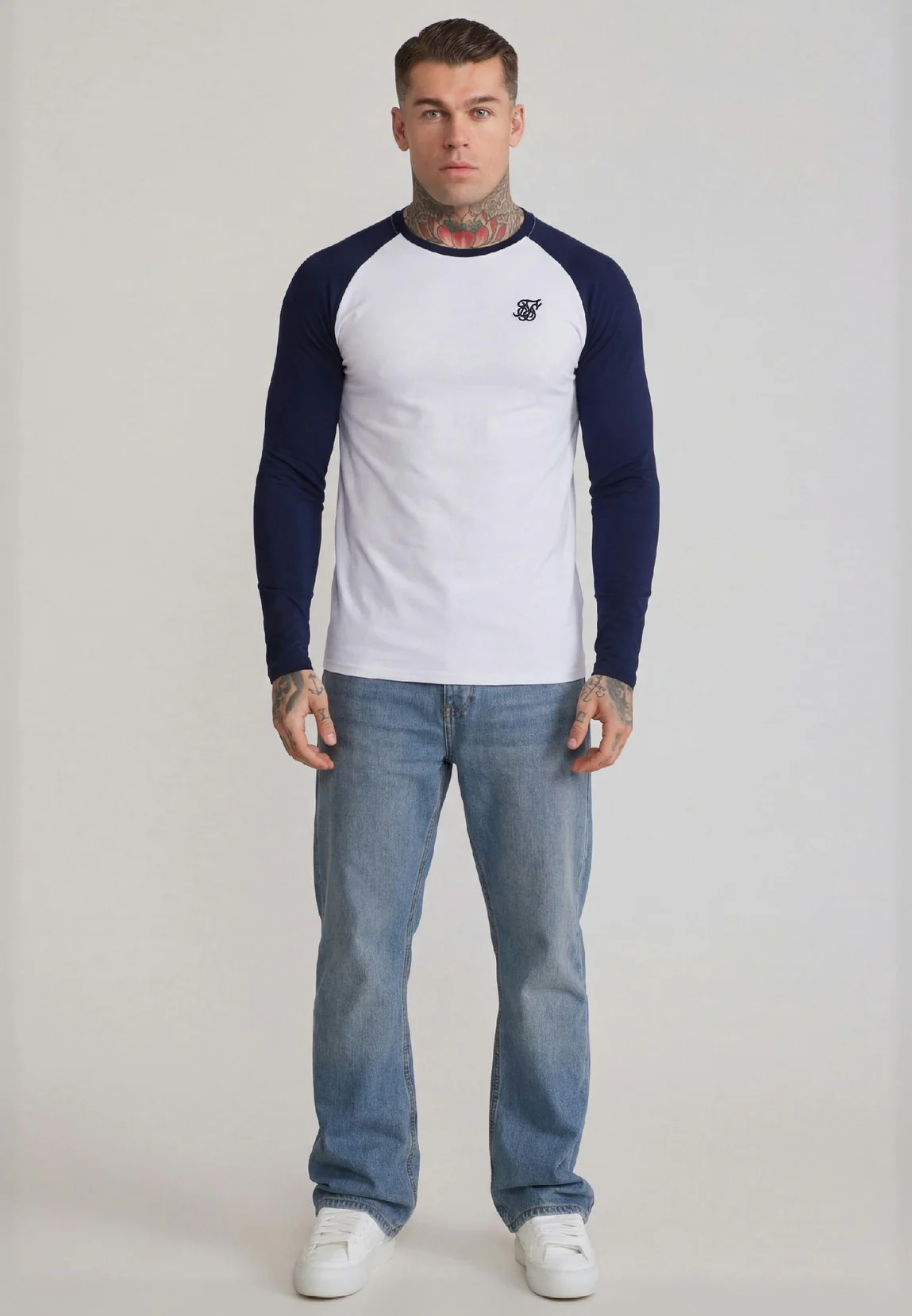 White and Navy LS Muscle Fit T-Shirt - Image 3