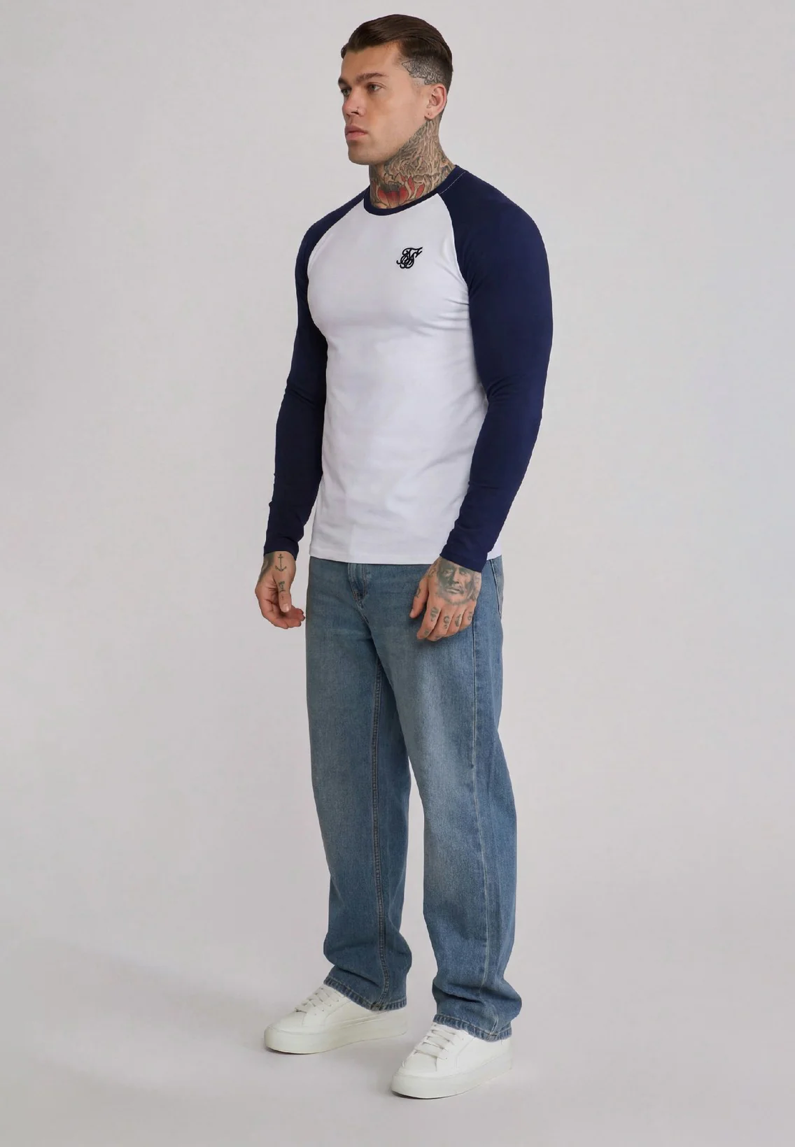 White and Navy LS Muscle Fit T-Shirt - Image 4
