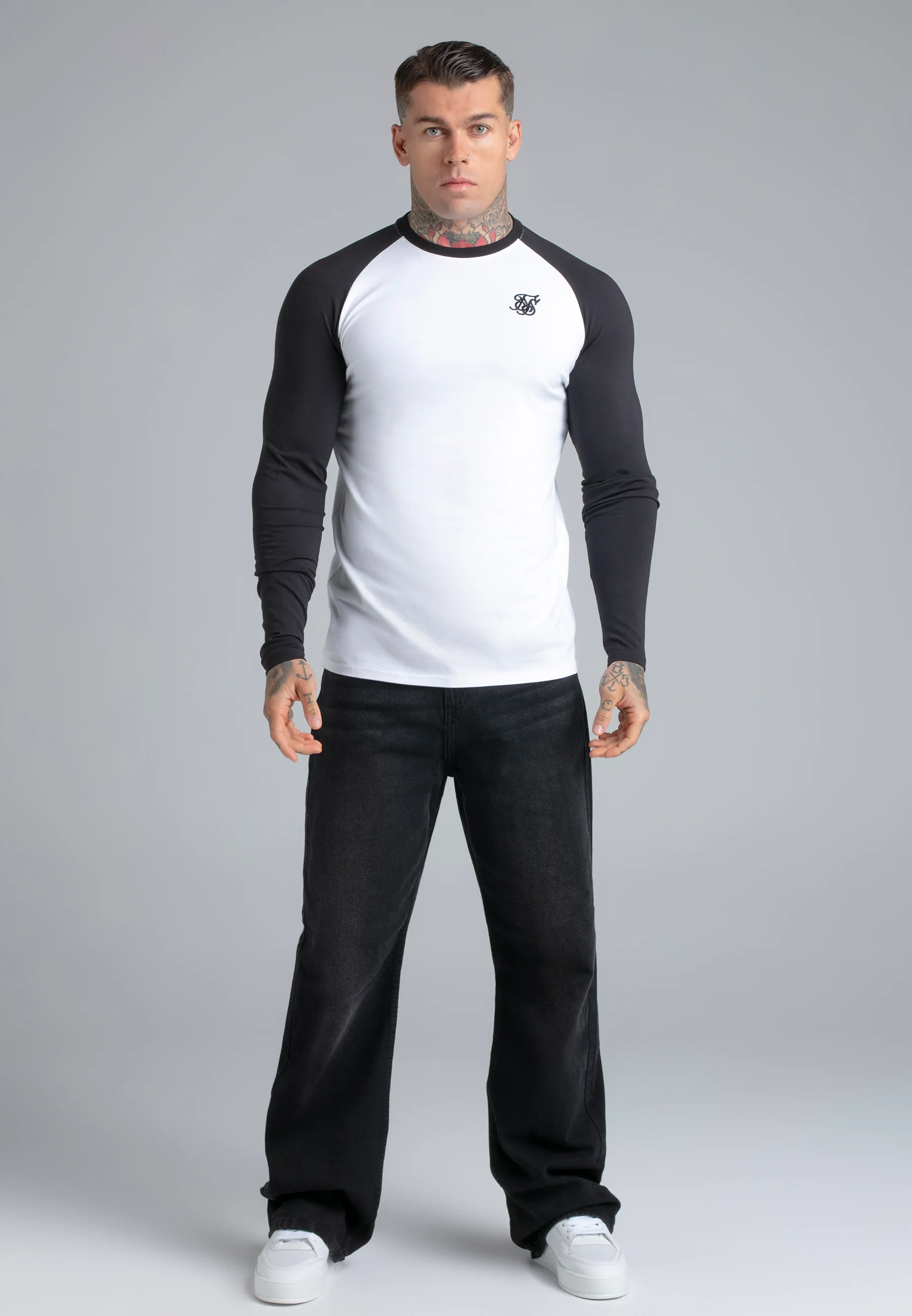 White and Black LS Muscle Fit T-Shirt - Image 3