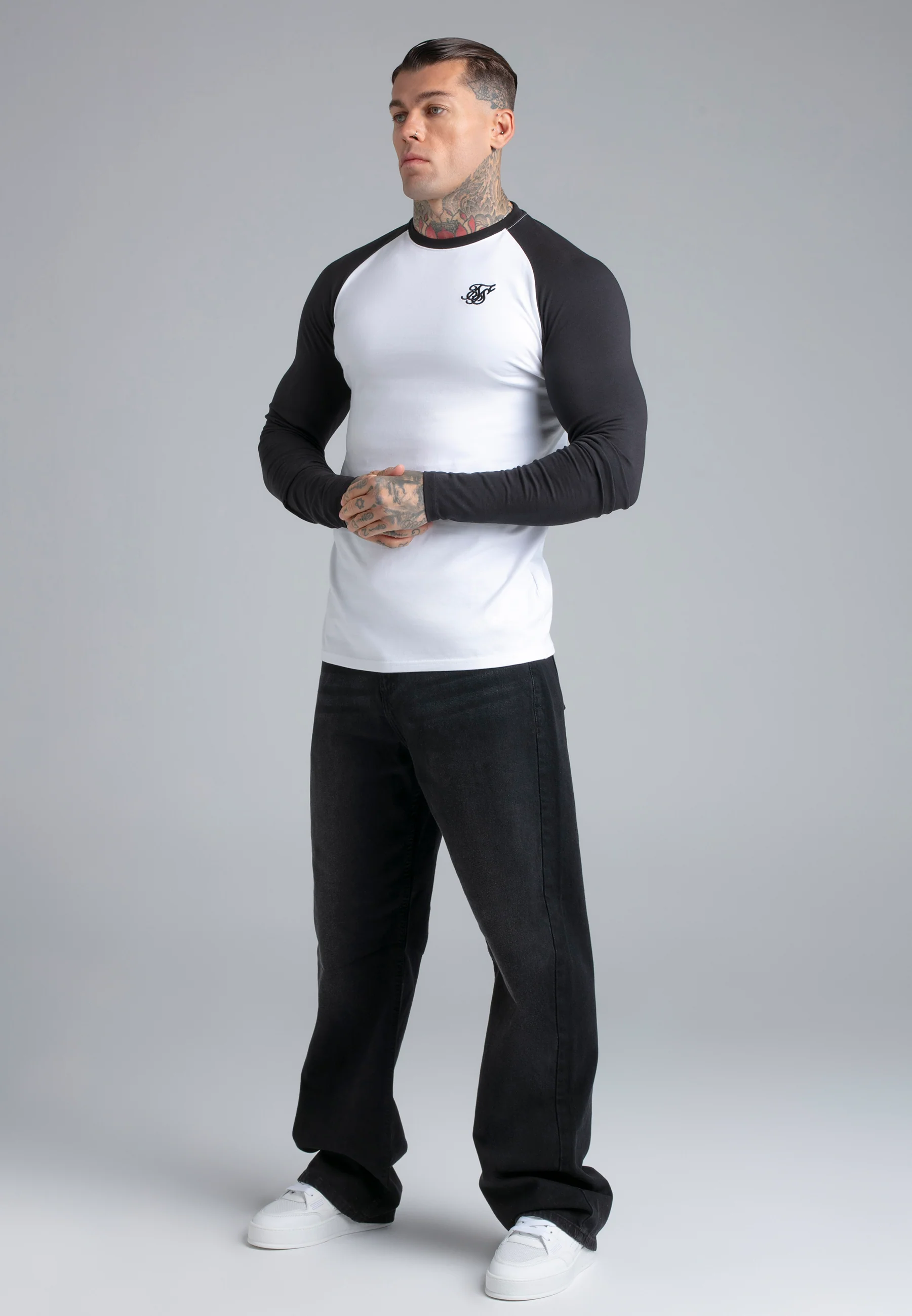 White and Black LS Muscle Fit T-Shirt - Image 4