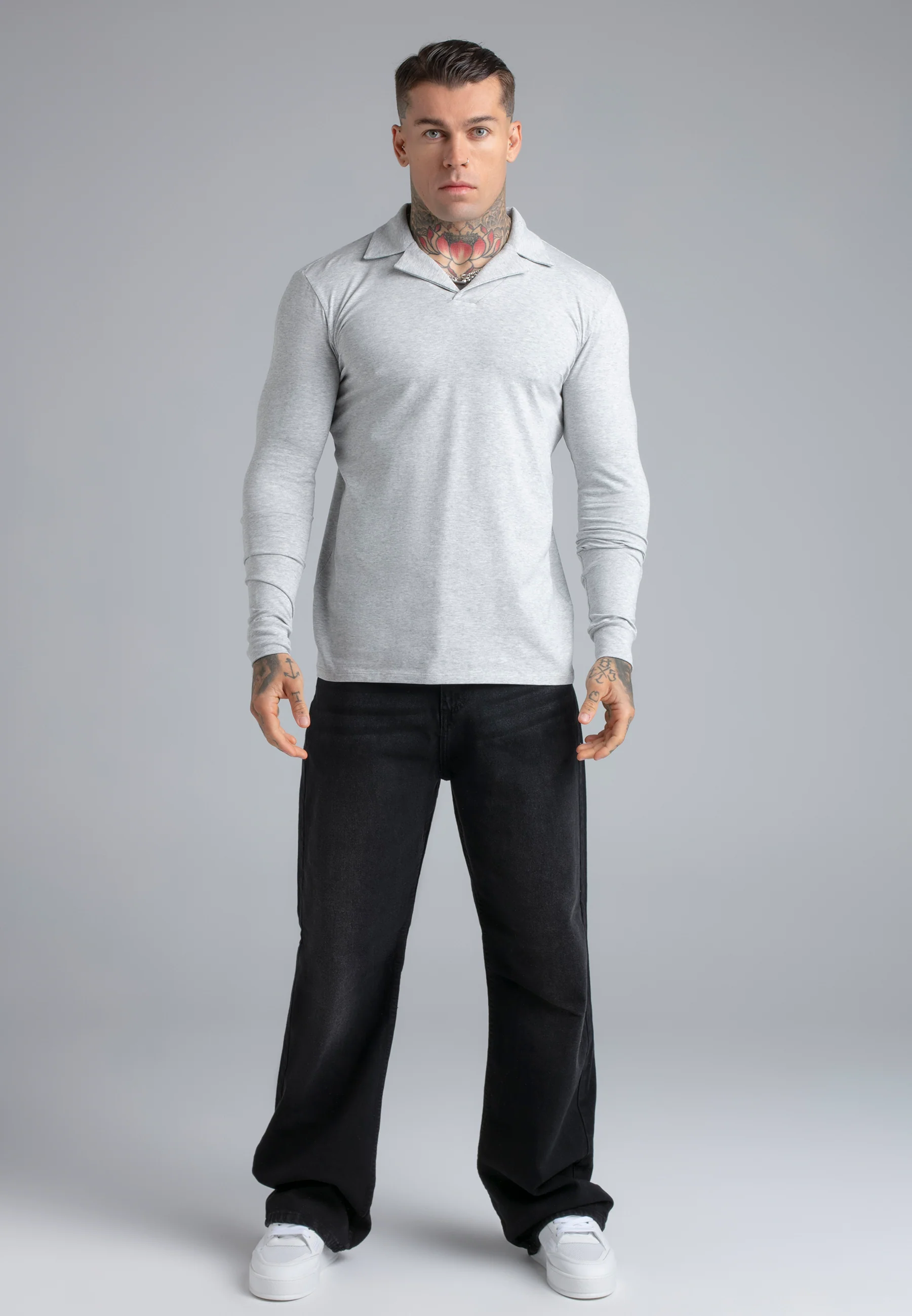 Grey Marl LS Revere Polo - Image 3