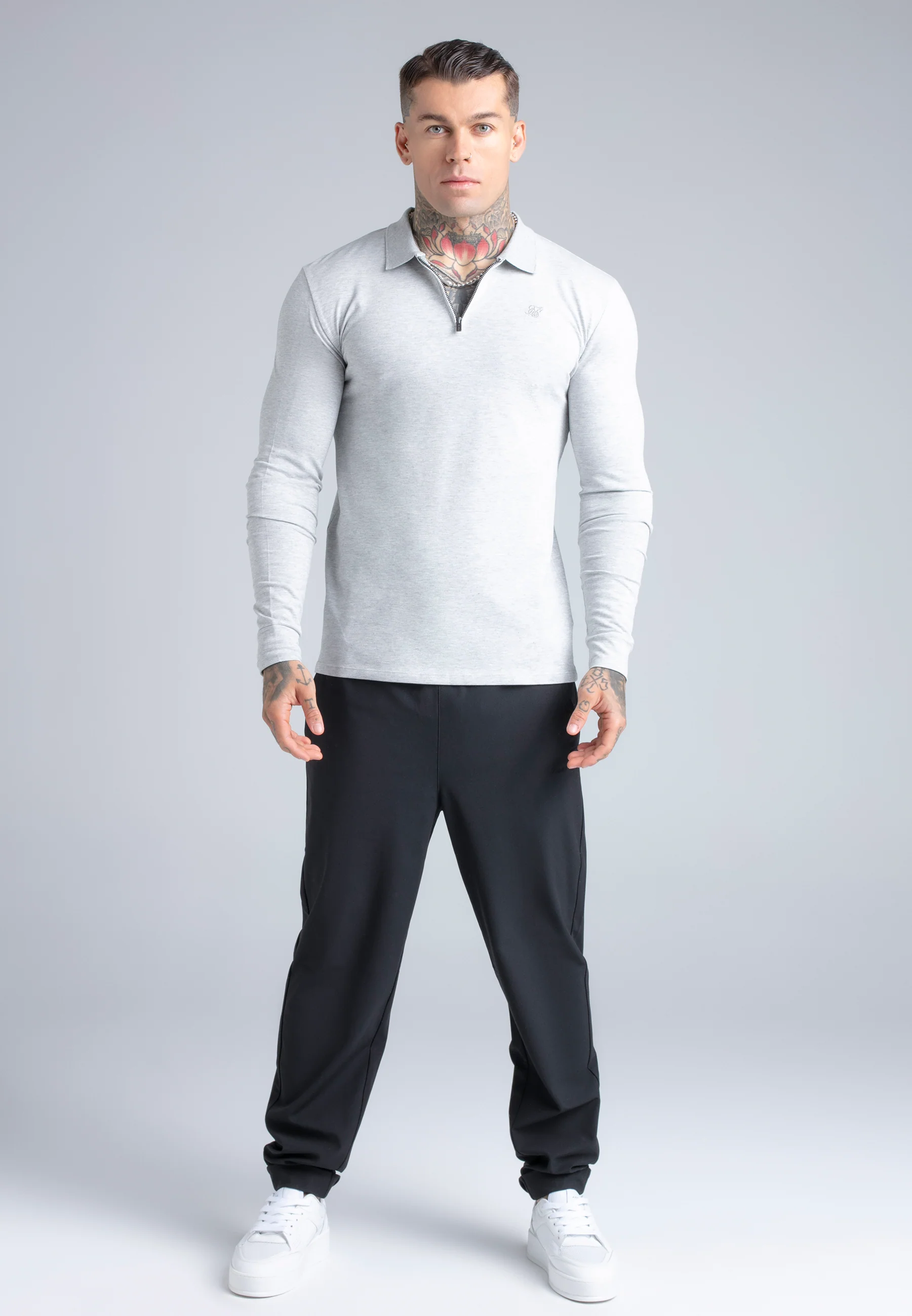 Grey Marl LS Zip Polo T-Shirt - Image 3