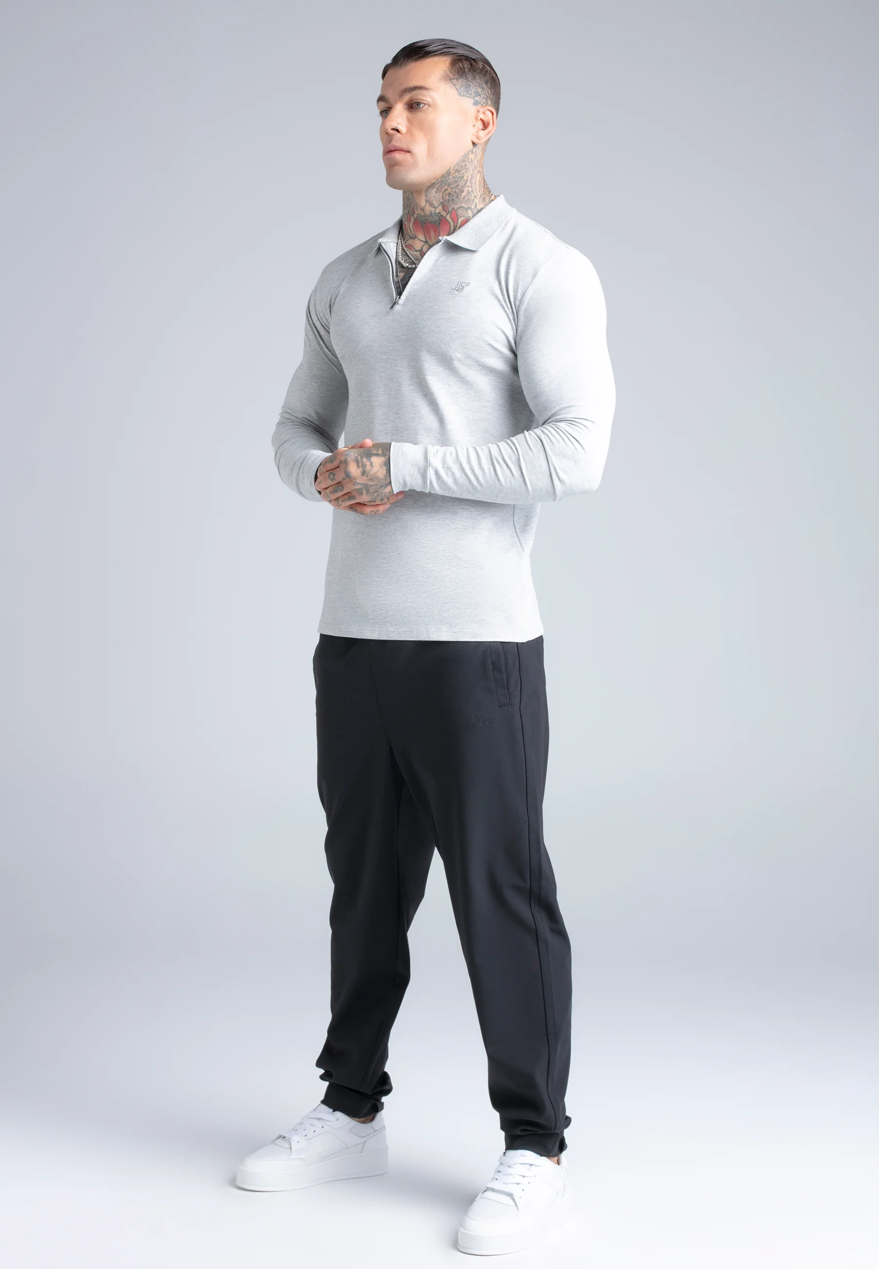 Grey Marl LS Zip Polo T-Shirt - Image 4