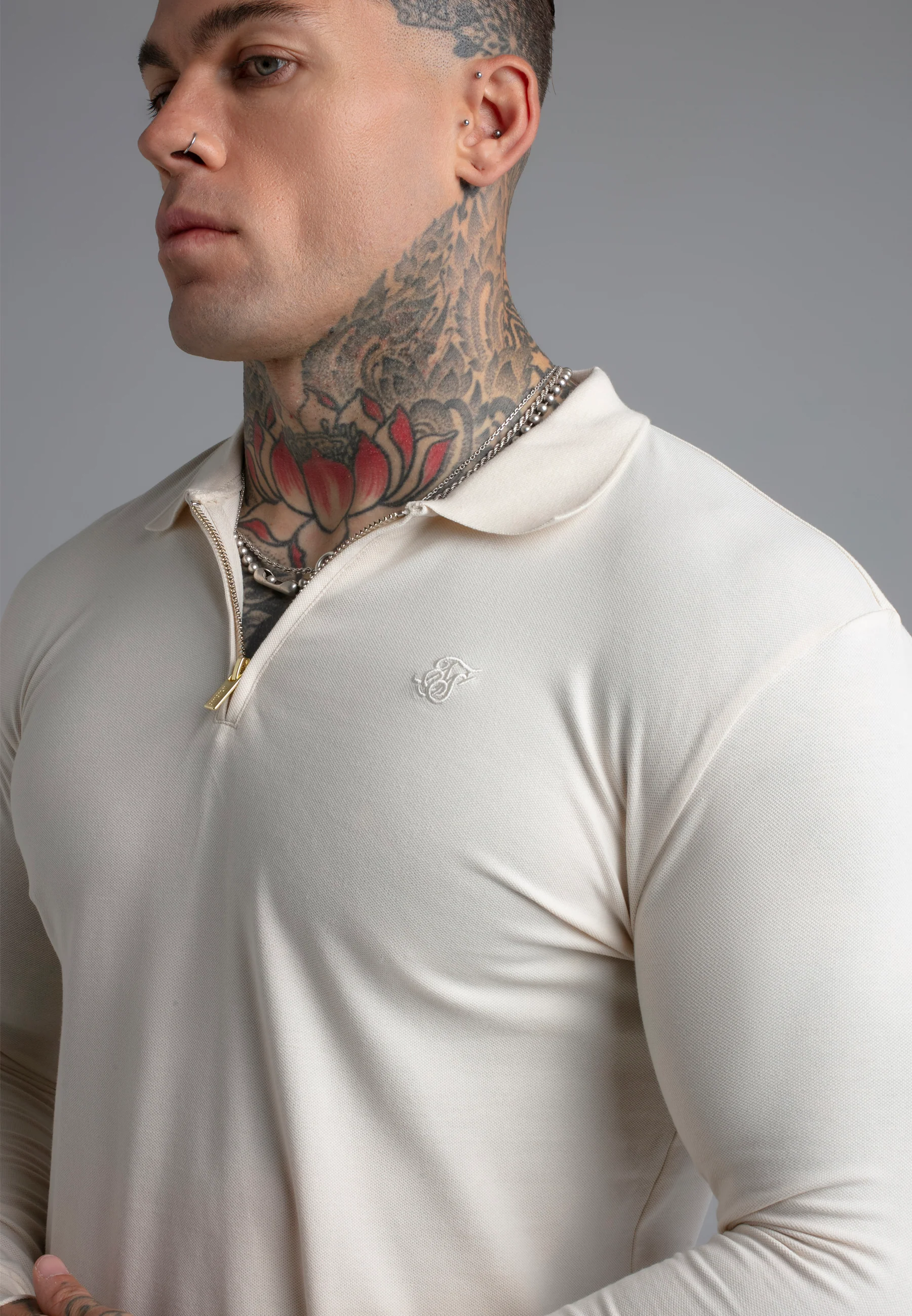 Ecru LS Zip Polo T-Shirt - Image 2