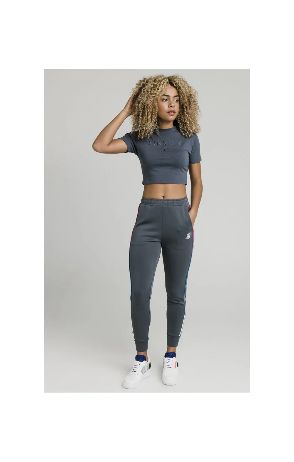 SikSilk Luxury Embroidered Crop Tee - Grey - Image 6