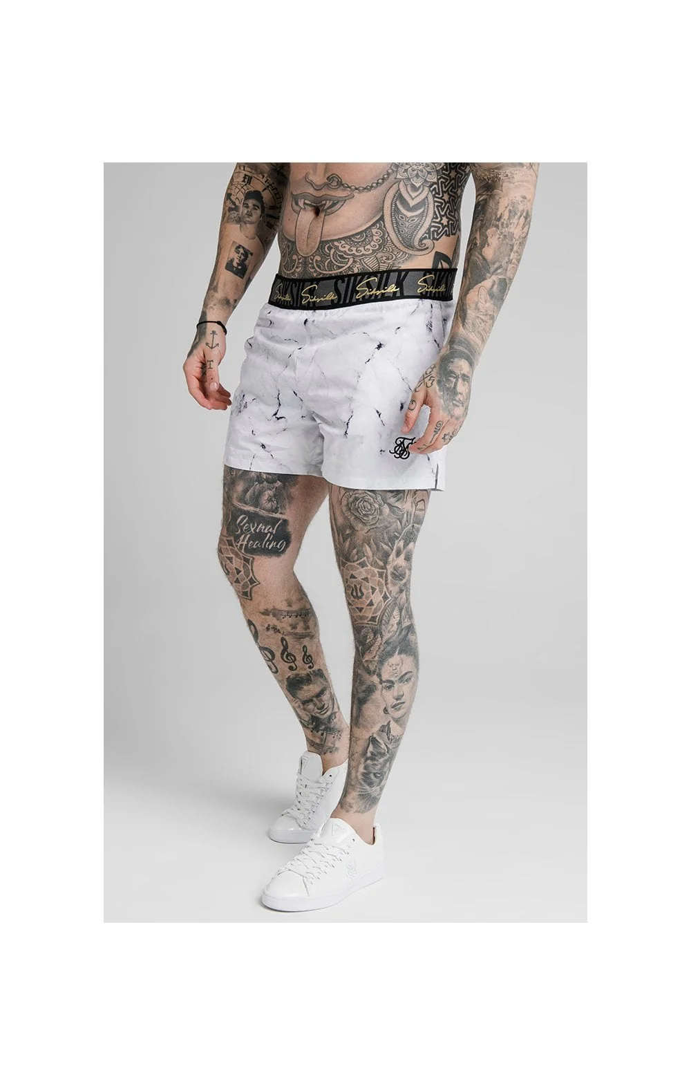 SikSilk Marble Jacquard Swim Shorts - Grey & White
