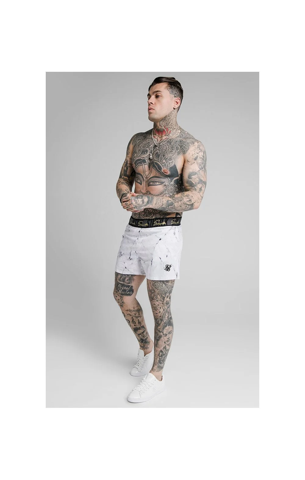 SikSilk Marble Jacquard Swim Shorts - Grey & White - Image 3