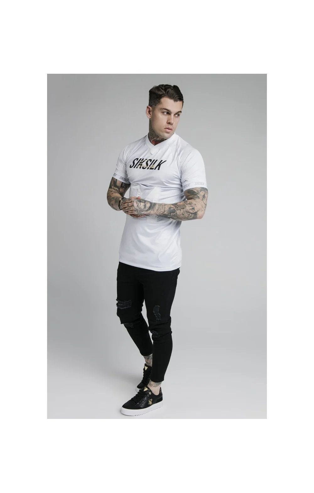 SikSilk Marble Stretch Sports Tee - Grey & White - Image 5