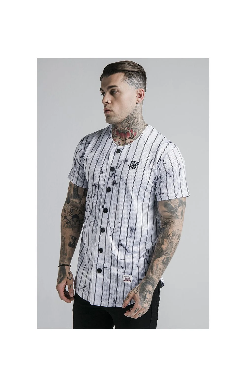 SikSilk Marble Stripe Baseball Jersey - Grey & White