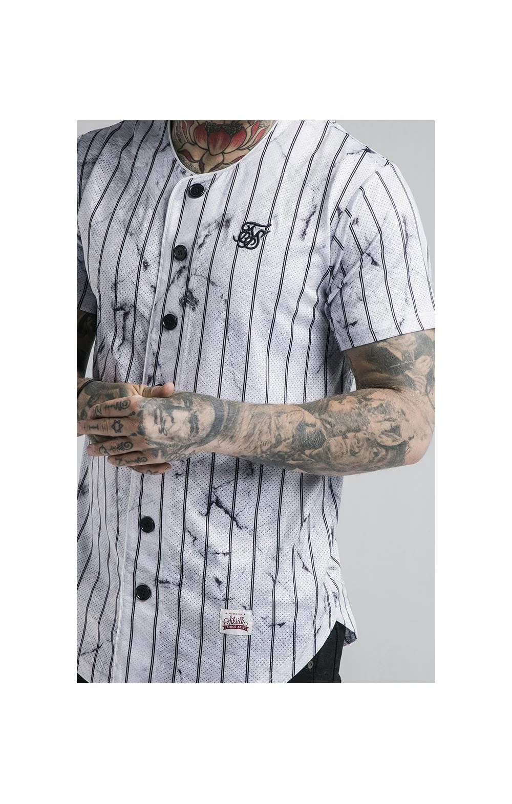 SikSilk Marble Stripe Baseball Jersey - Grey & White - Image 2