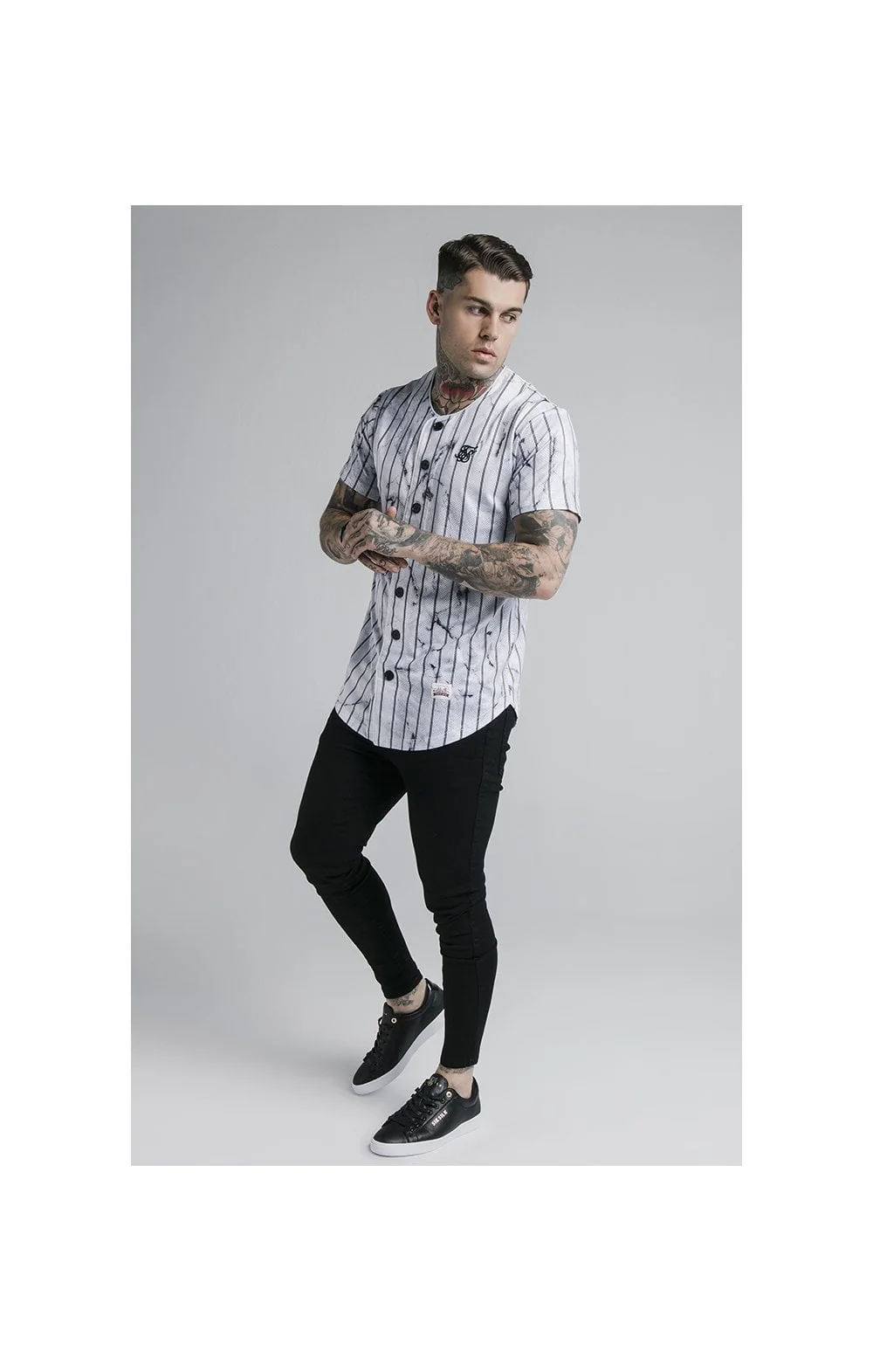SikSilk Marble Stripe Baseball Jersey - Grey & White - Image 3