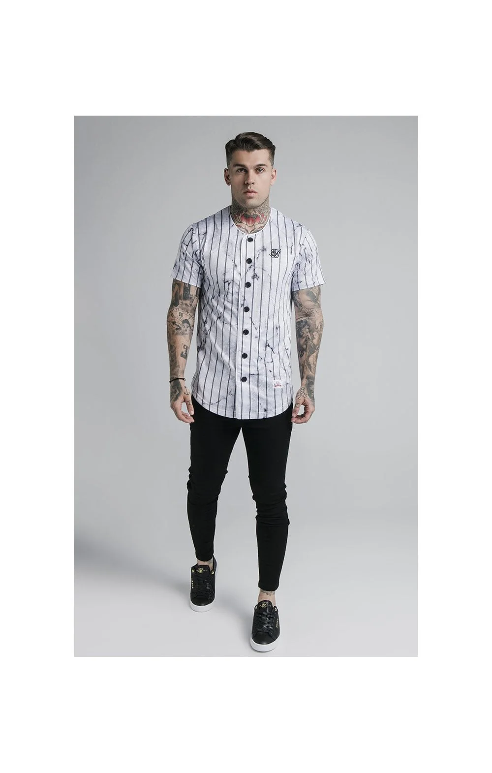 SikSilk Marble Stripe Baseball Jersey - Grey & White - Image 4