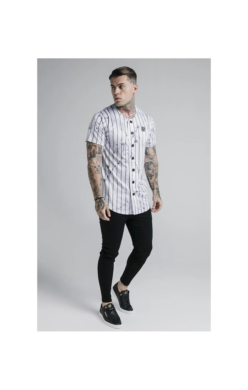 SikSilk Marble Stripe Baseball Jersey - Grey & White - Image 6