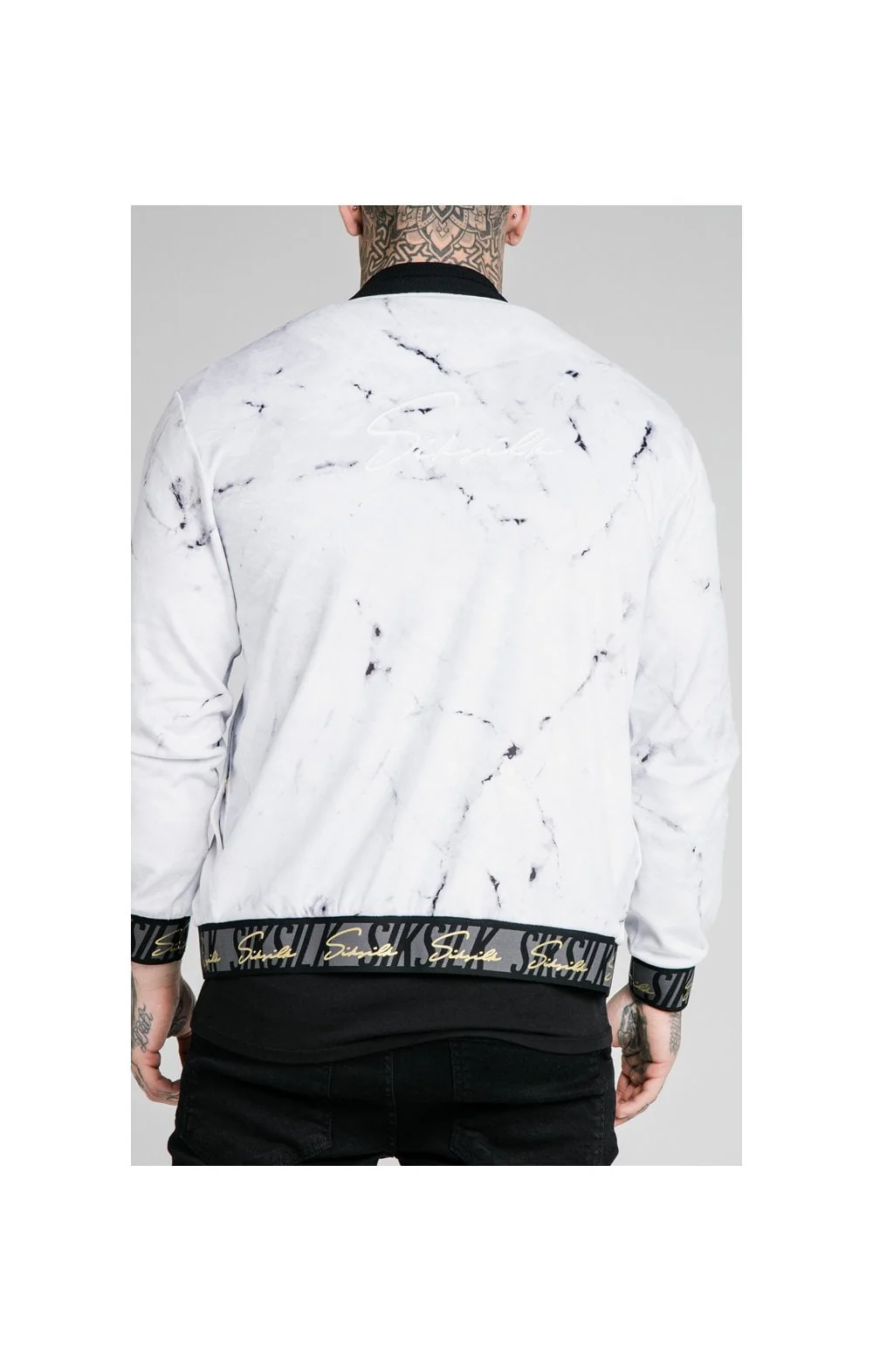 SikSilk Marble Velour Bomber - Grey & White - Image 2