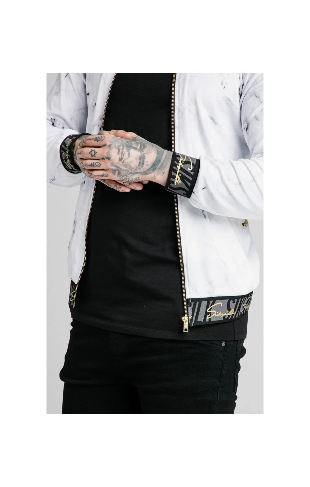 SikSilk Marble Velour Bomber - Grey & White - Image 3