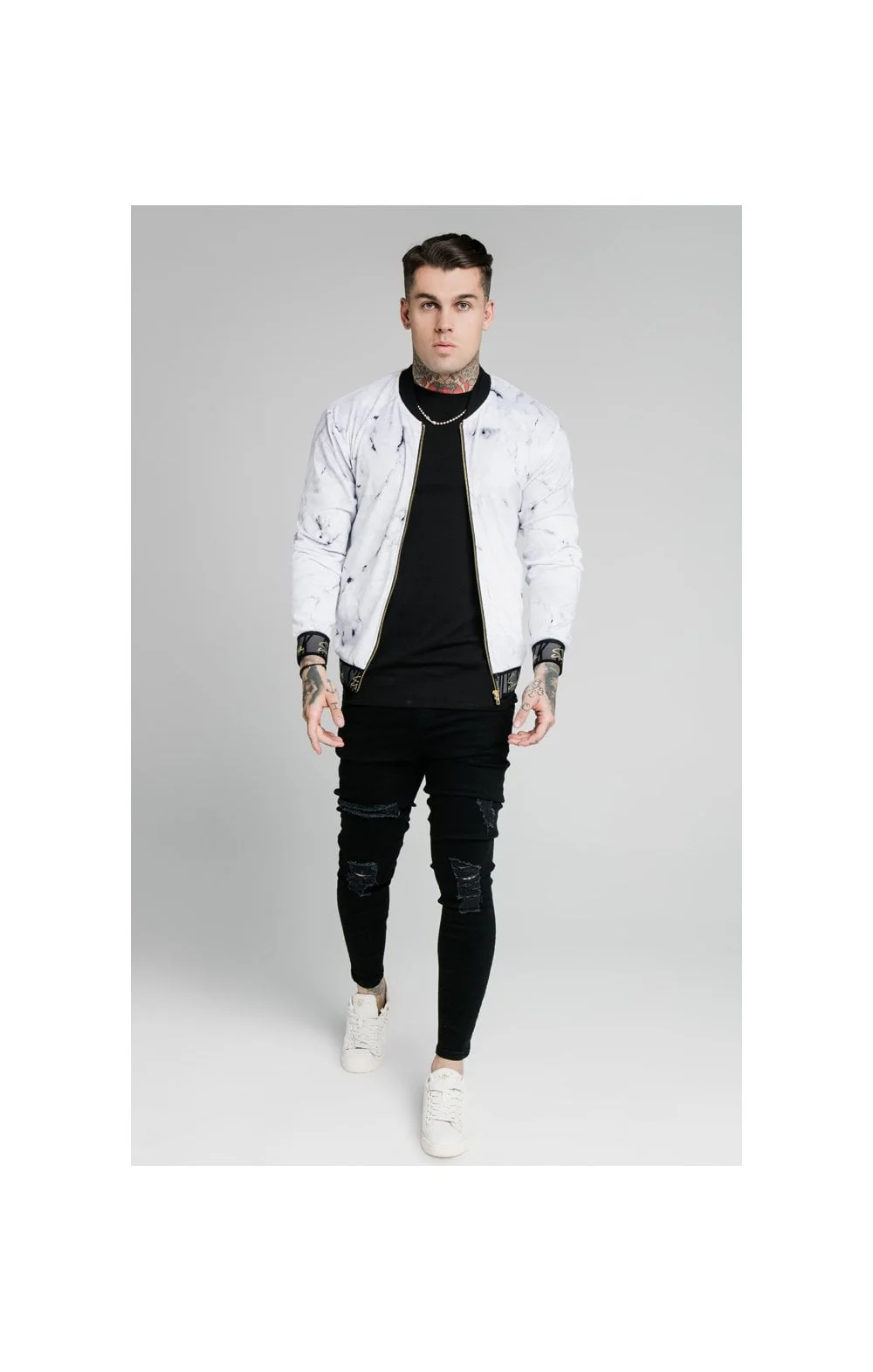 SikSilk Marble Velour Bomber - Grey & White - Image 4