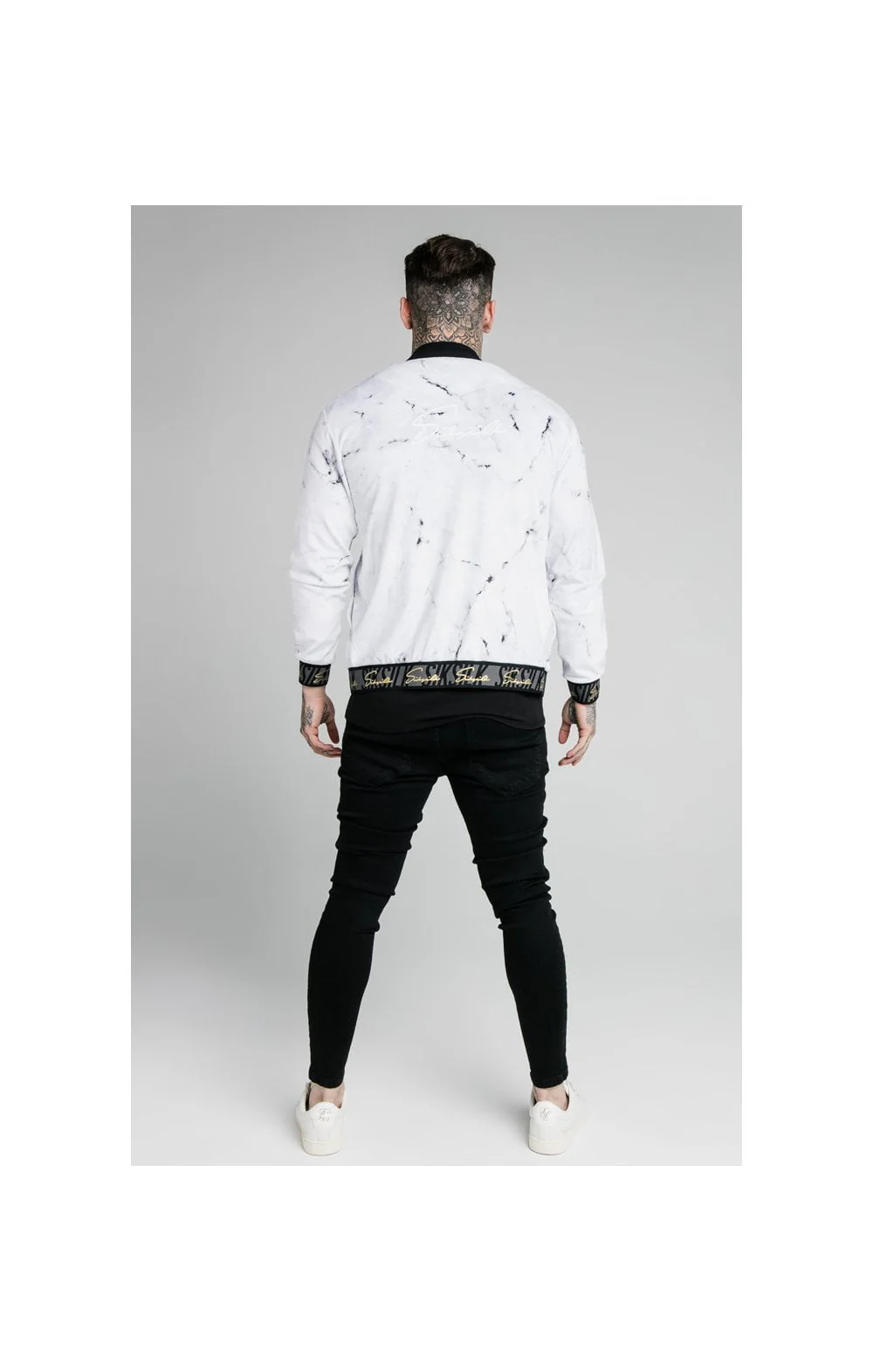 SikSilk Marble Velour Bomber - Grey & White - Image 5