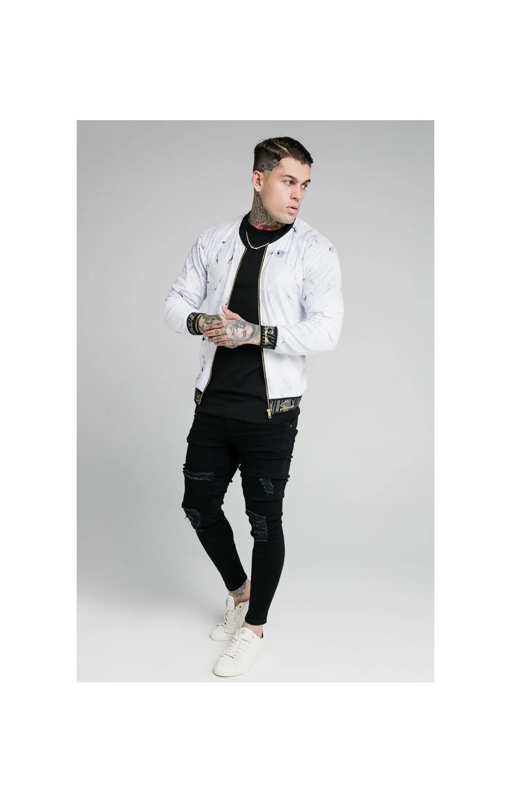 SikSilk Marble Velour Bomber - Grey & White - Image 7