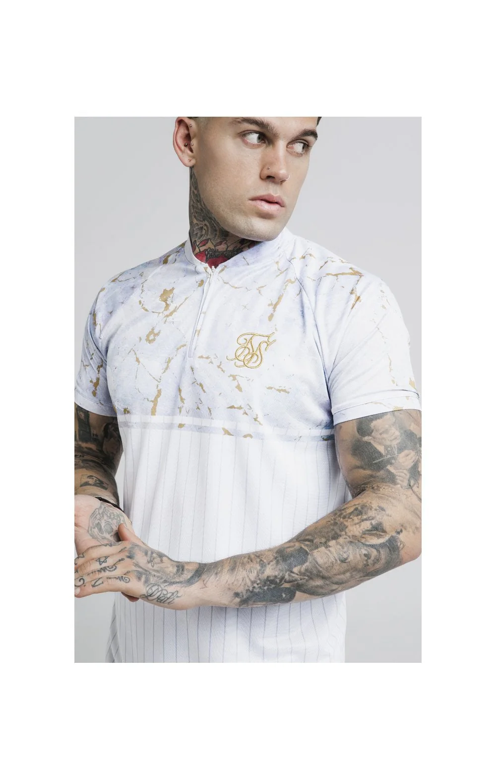 SikSilk Marbleise Baseball Jersey – White & Light Grey - Image 2