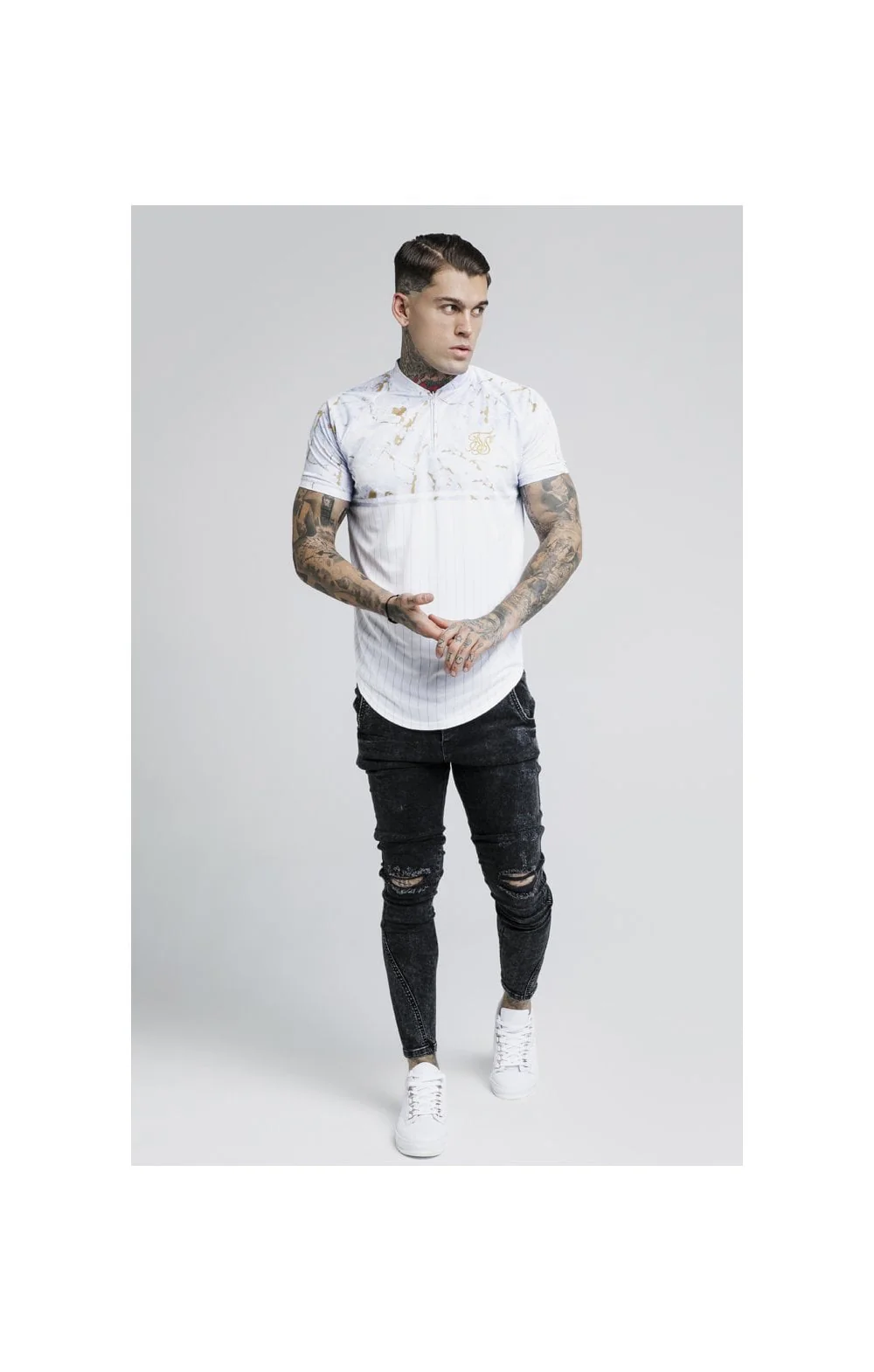 SikSilk Marbleise Baseball Jersey – White & Light Grey - Image 3
