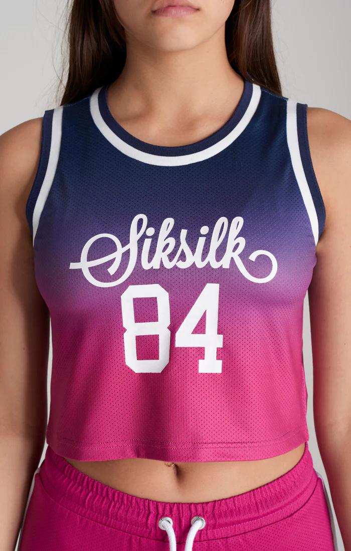 SikSilk Mesh Basketball Crop Vest - Navy & Pink - Image 2