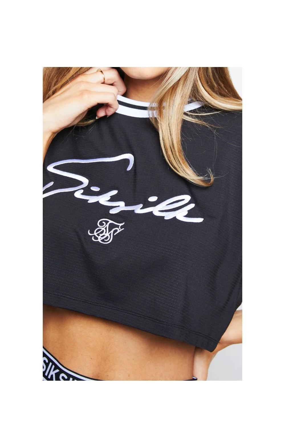 SikSilk Mesh Embroidered Crop Tee - Black - Image 2