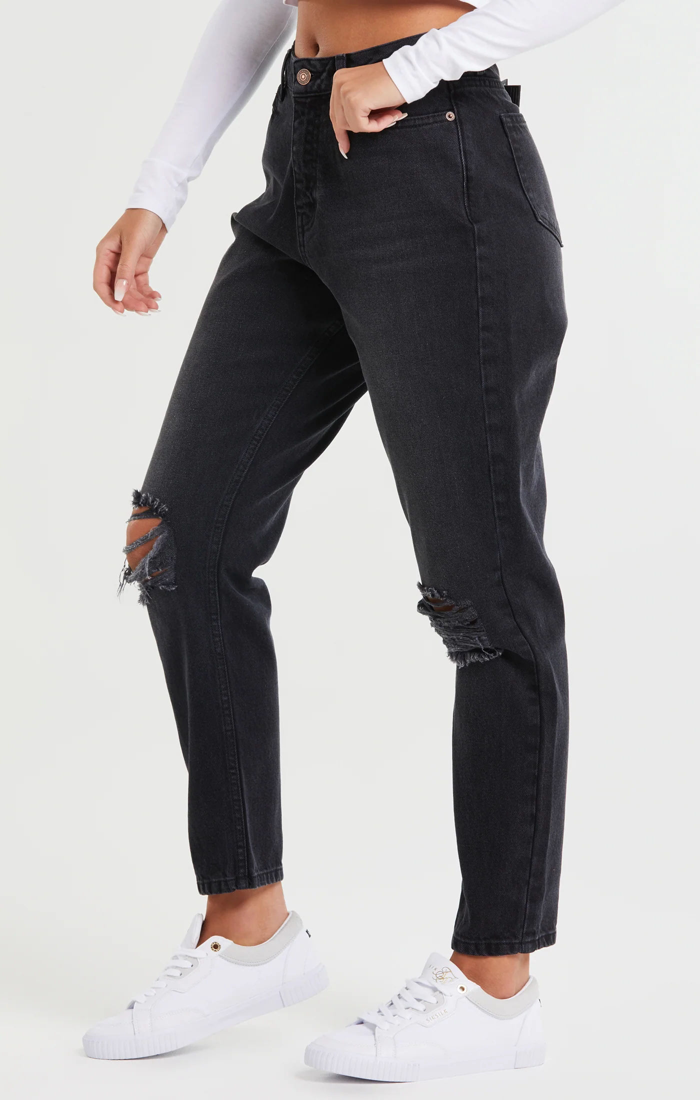 Washed Black Knee Rip Denim Mom Jean