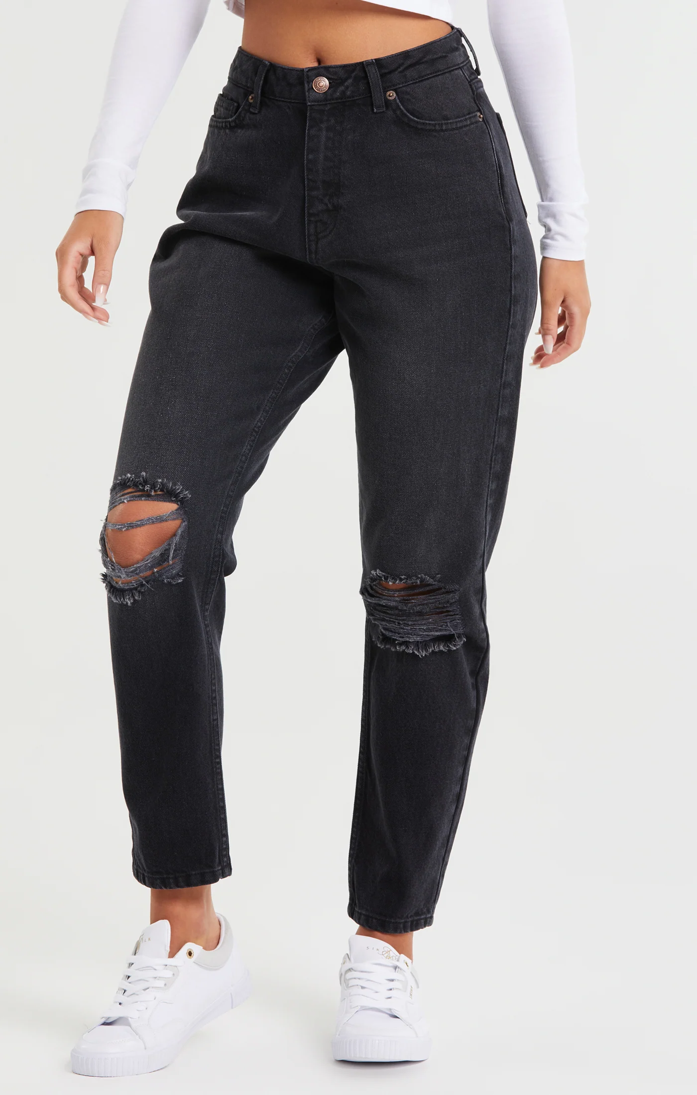 Washed Black Knee Rip Denim Mom Jean - Image 2