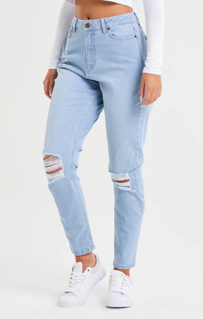 Light Blue Knee Rip Denim Mom Jean