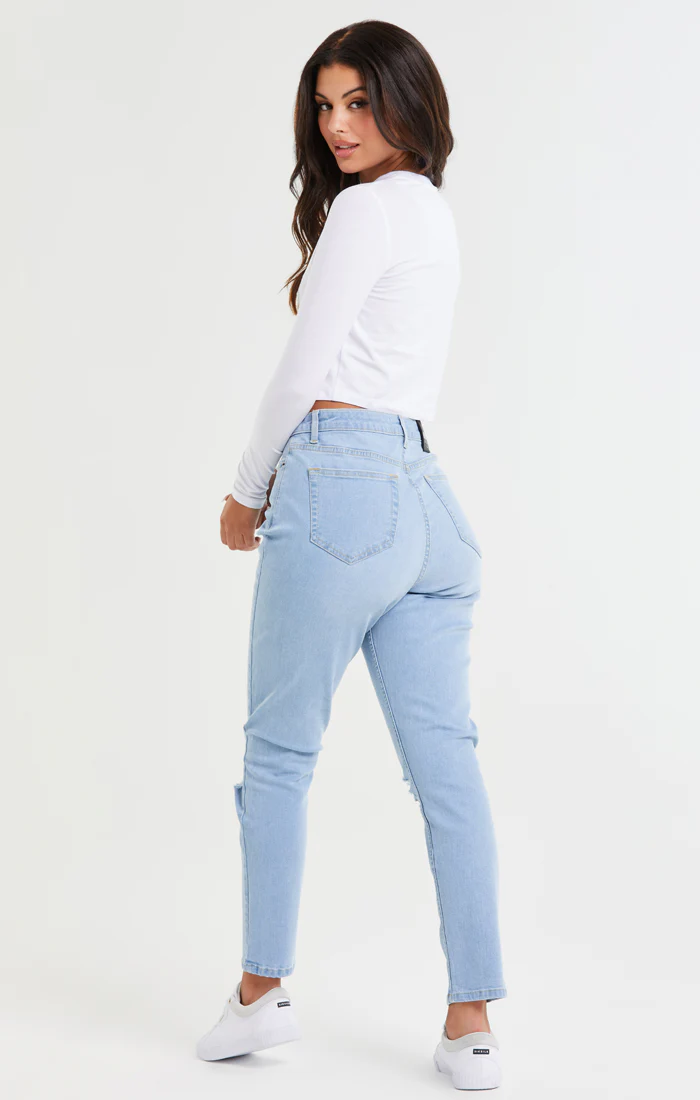 Light Blue Knee Rip Denim Mom Jean - Image 7