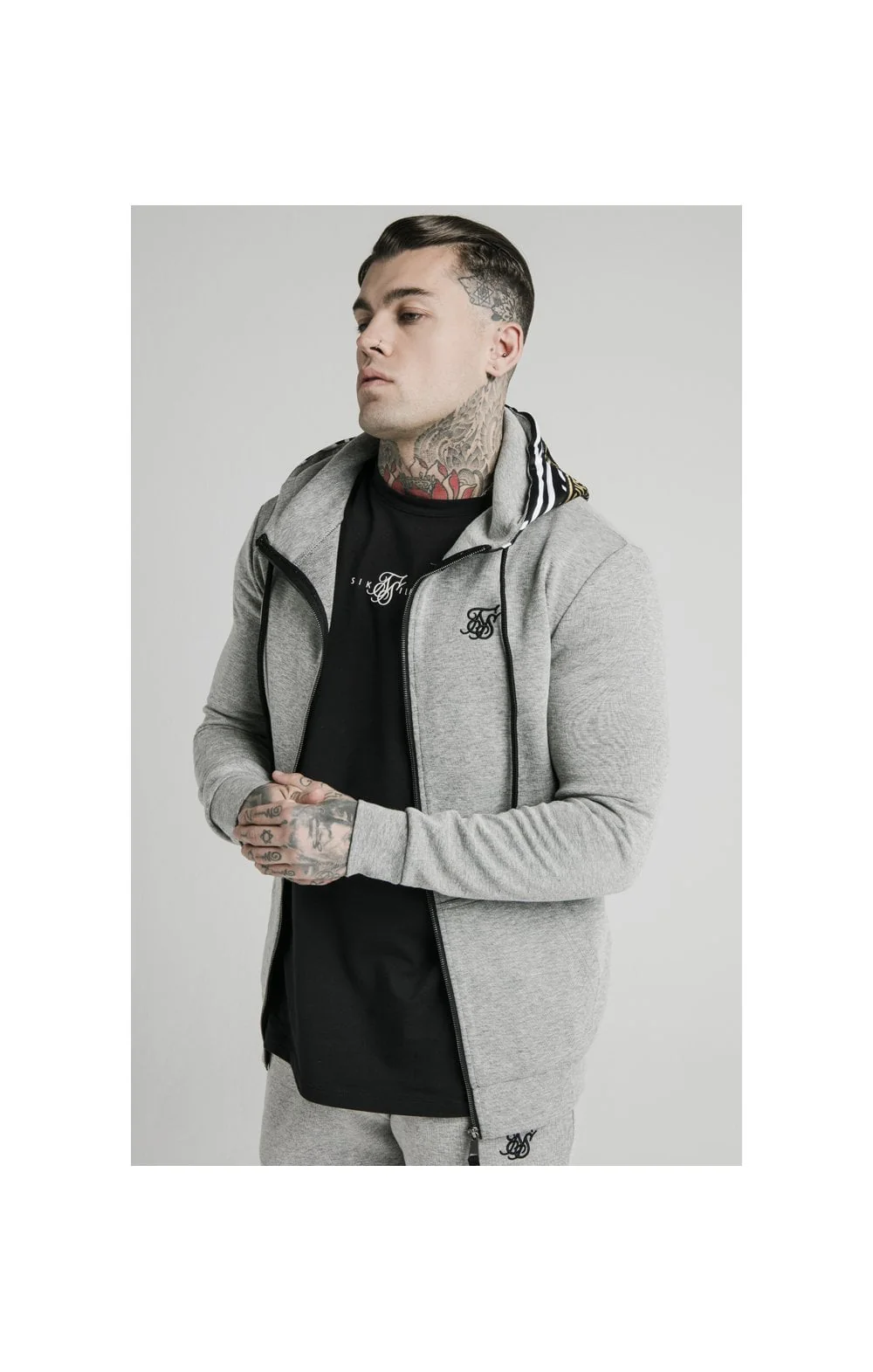SikSilk Muscle Fit Zip Through Hoodie - Grey Marl