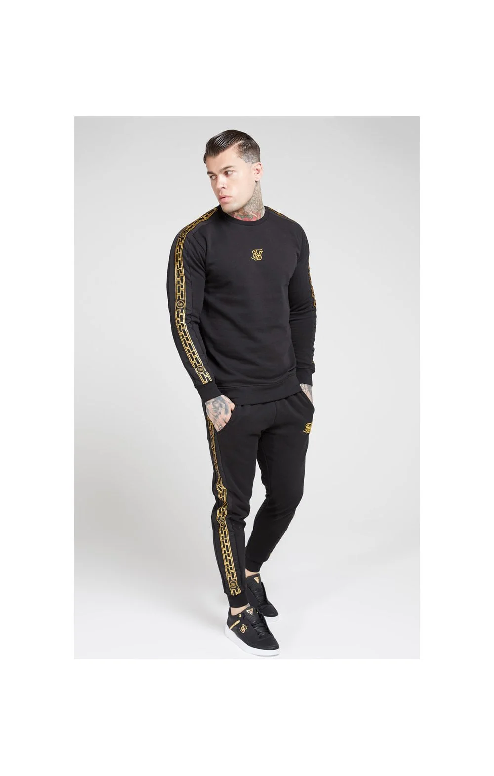 SikSilk Nylon Panel Crew Sweat – Black & Gold - Image 4