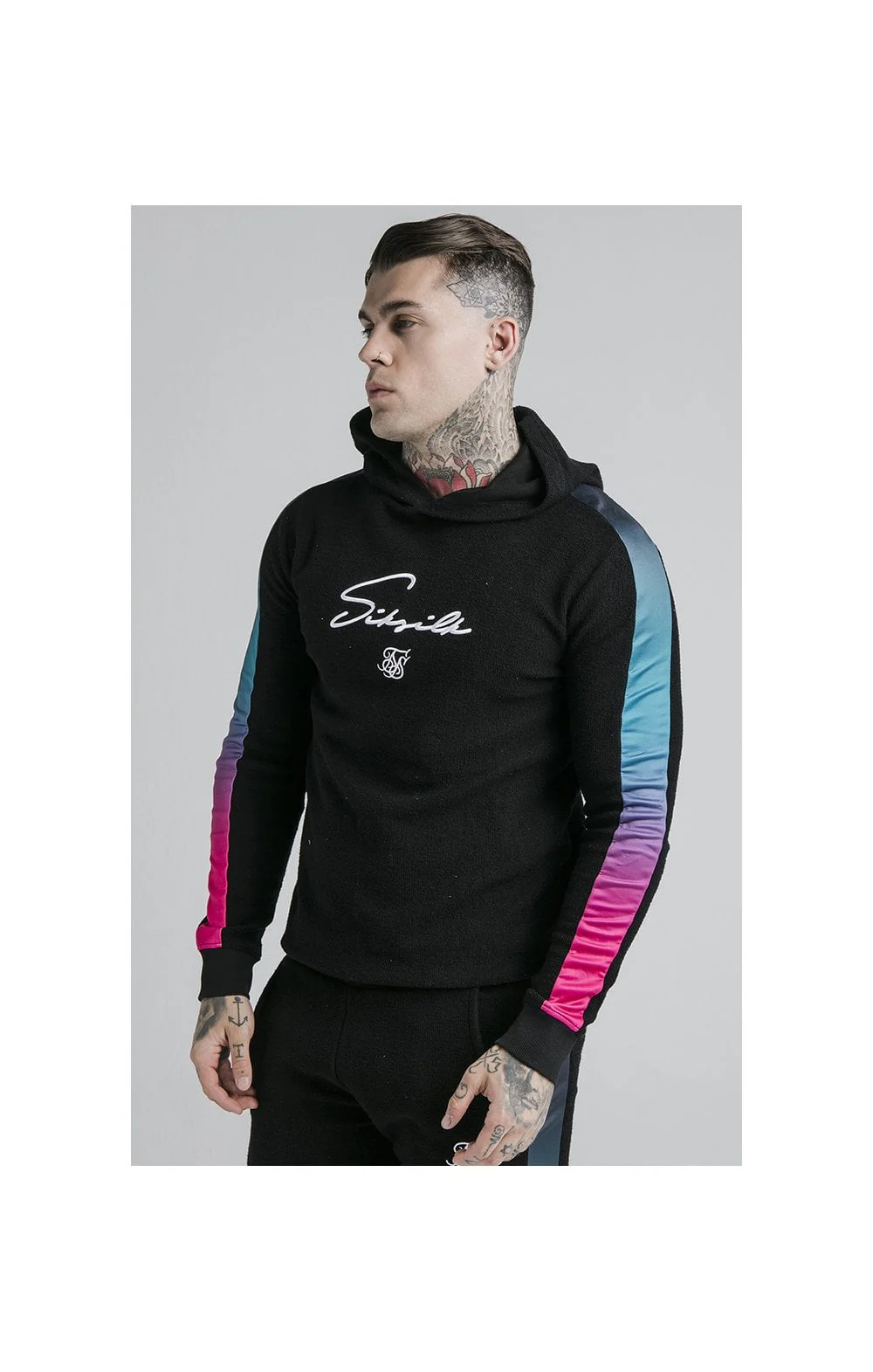 SikSilk Overhead Loop Back Fade Hoodie - Black & Tri Neon