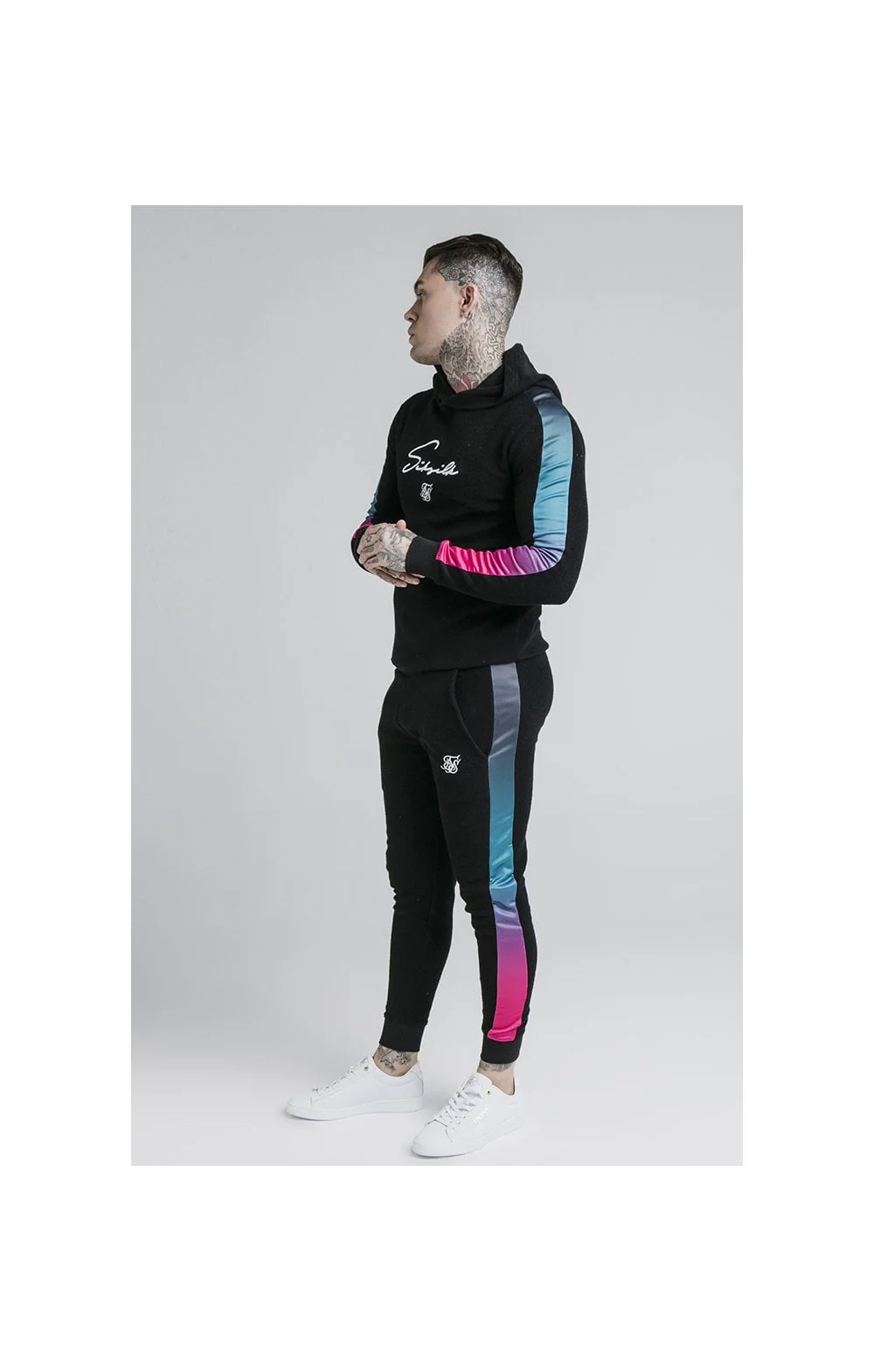 SikSilk Overhead Loop Back Fade Hoodie - Black & Tri Neon - Image 5