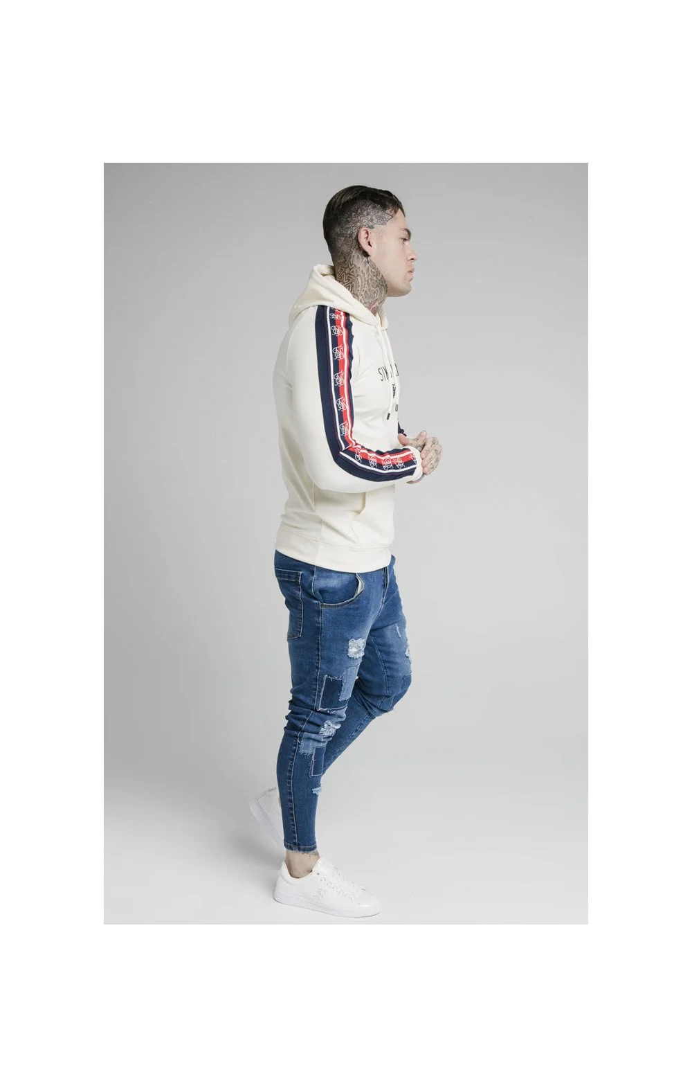 SikSilk Overhead Retro Tape Hoodie - Off White - Image 3