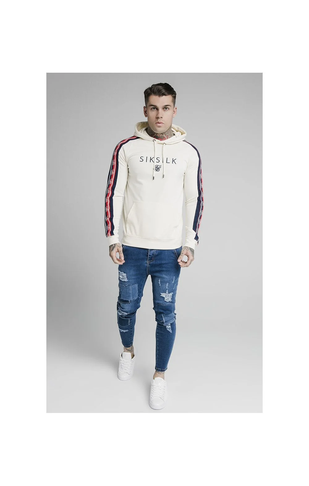 SikSilk Overhead Retro Tape Hoodie - Off White - Image 5
