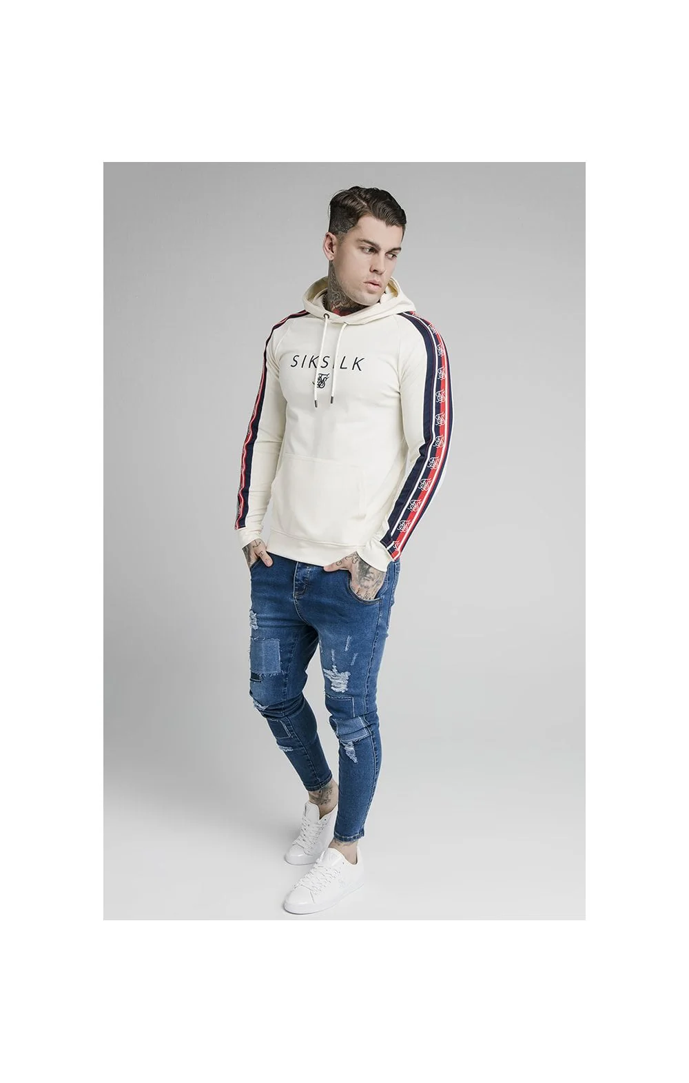 SikSilk Overhead Retro Tape Hoodie - Off White - Image 6