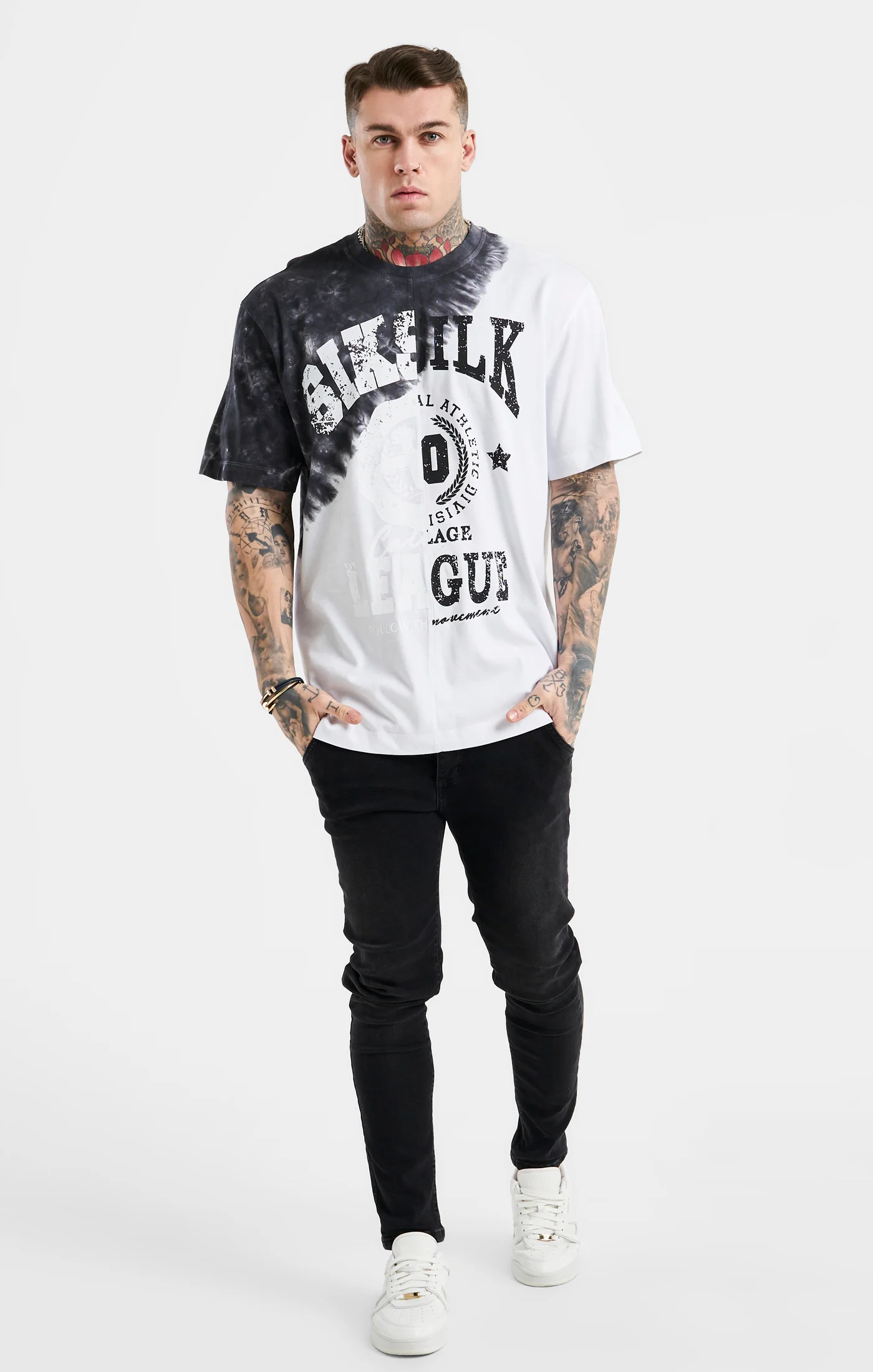 SikSilk Oversized Cut & Sew Varsity T-Shirt - Ecru & Black - Image 3
