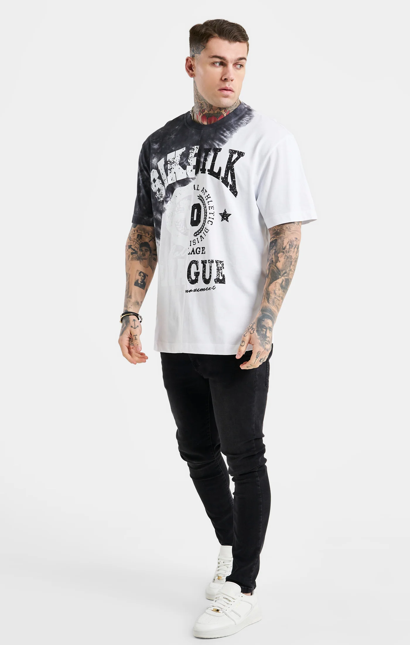 SikSilk Oversized Cut & Sew Varsity T-Shirt - Ecru & Black - Image 4